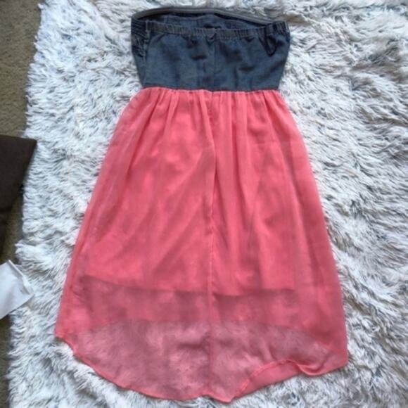 Casting Strapless Blue Denim & Pink High Low Dress - Picture 3 of 7